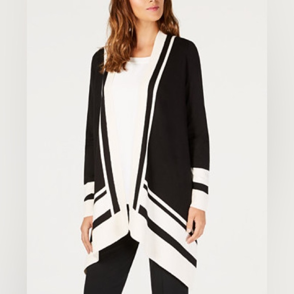 Anne Klein Black & White Pointelle-Trim Open-Front Cardigan Sweater Plus Size 1X